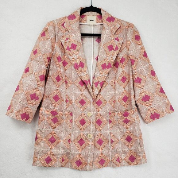 WHIT Blazer Womens Small Pink Orange Geometric Linen Silk Made in USA 3/4 Sleeve - Picture 1 of 11
